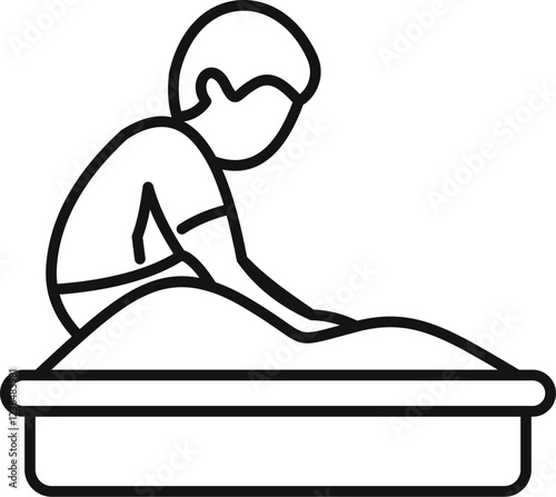 Kindergarten boy playing with sand in sandbox, simple black and white line icon design