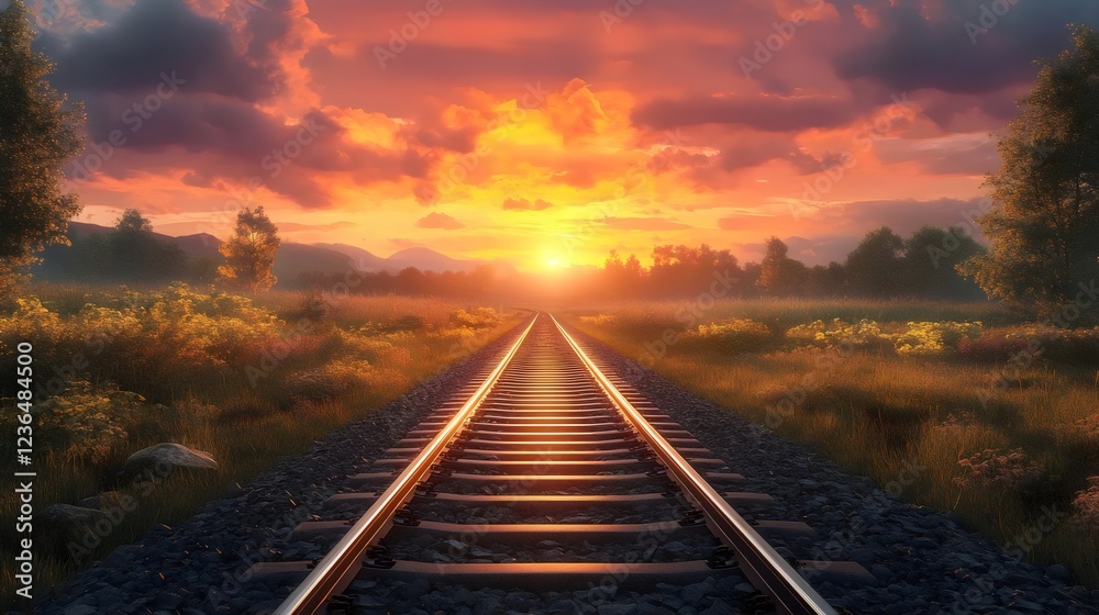 A train track with a sunset in the background A train track with a sunset in the background