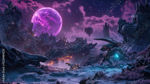 Alien landscape, nighttime, mecha, volcanic planet, fantasy art, sci-fi background, game asset