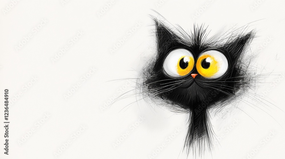 a black cat with yellow eyes on a white background The cat has a cartoon-like appearance, with its fur and features clearly visible Its eyes are large and round, a black cat with yellow eyes on a white background The cat has a cartoon-like appearance, with its fur and features clearly visible Its eyes are large and round,