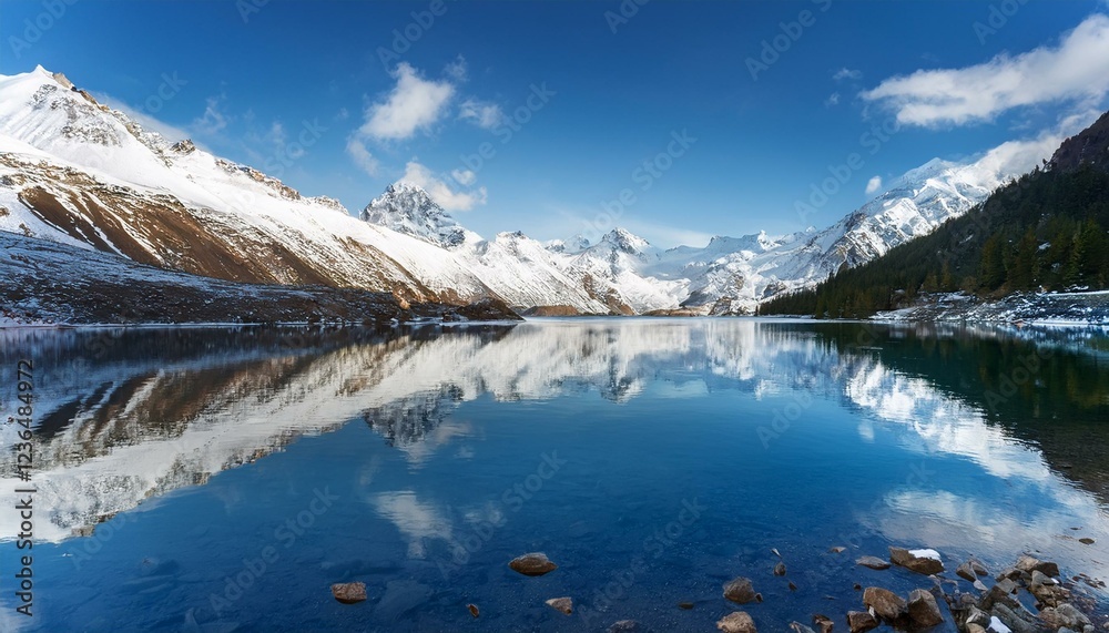 serene alpine lake reflecting snow capped peak calm snowy serene alpine lake reflecting snow capped peak calm snowy