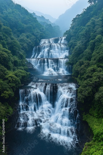 Majestic cascading waterfalls surrounded by lush greenery in a serene mountain landscape
