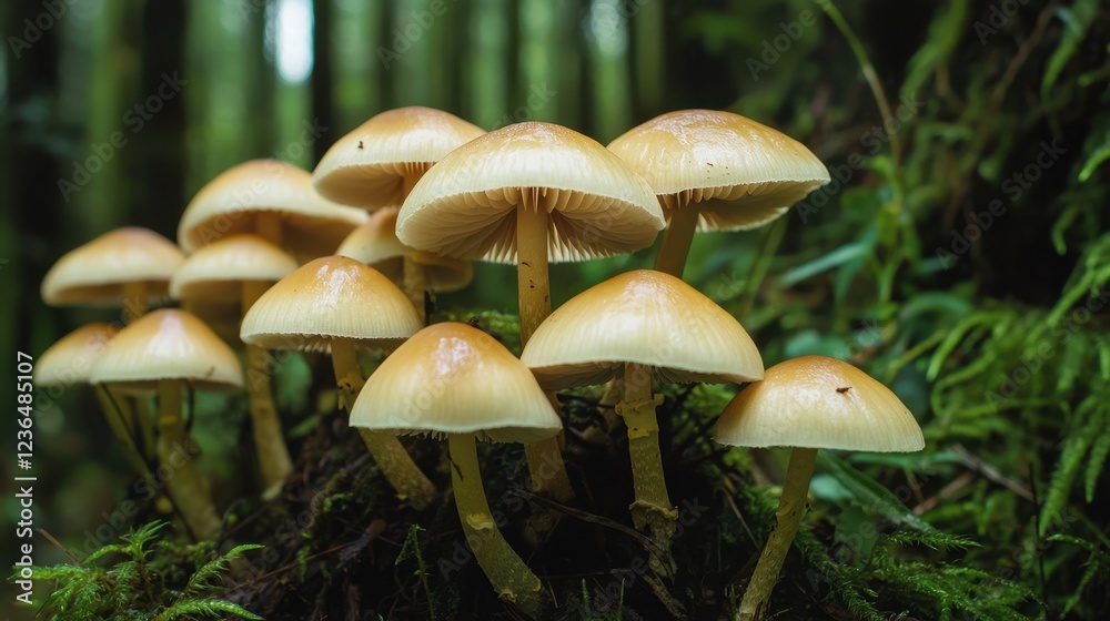 Group of delicate mushrooms growing in lush green forest environment Group of delicate mushrooms growing in lush green forest environment