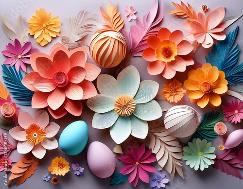 paper flowers and eggs background generated ai