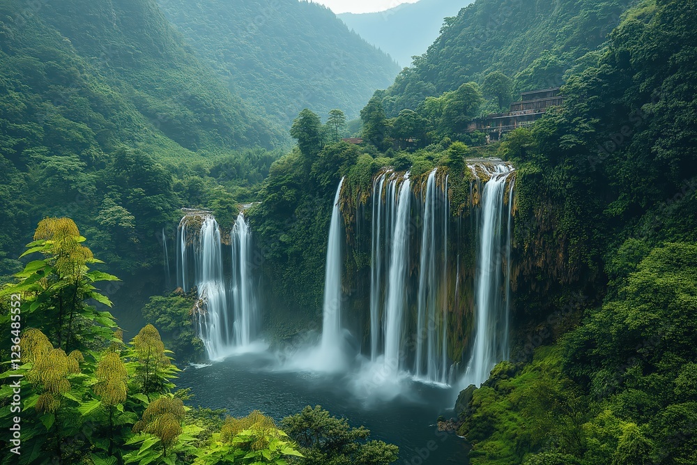 Fototapeta premium Stunning waterfalls cascade down rocky cliffs surrounded by lush greenery in a serene landscape