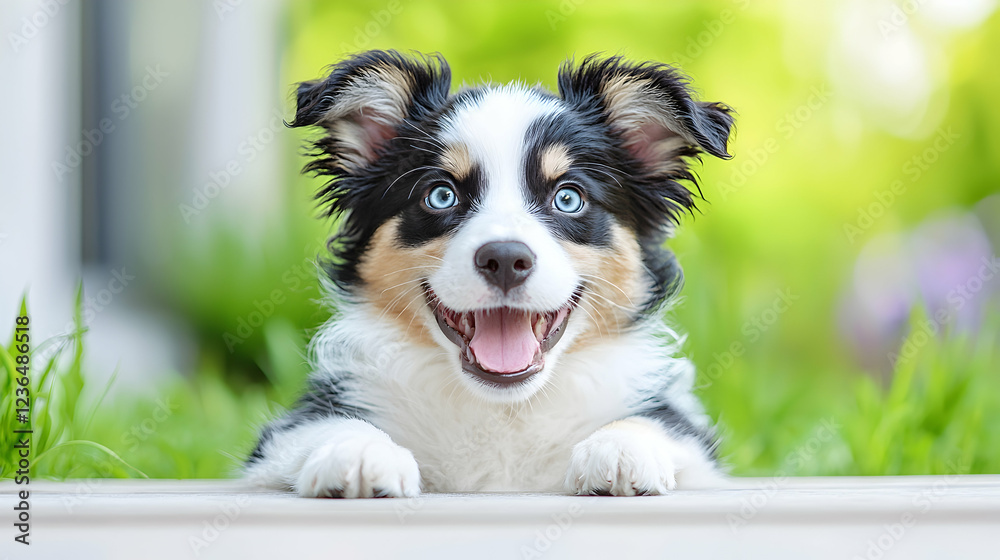 Happy puppy peering over fence, garden background, pet adoption Happy puppy peering over fence, garden background, pet adoption