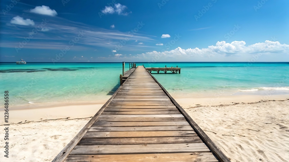 Fototapeta premium Wooden Pier Extending into Turquoise Ocean – Peaceful Beach Scene with Clear Waters