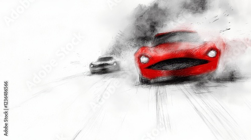  a red car driving down a road with smoke billowing out of it, set against a white background