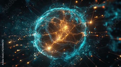Abstract glowing sphere, energy particles, dark background, futuristic concept, ideal for tech visuals