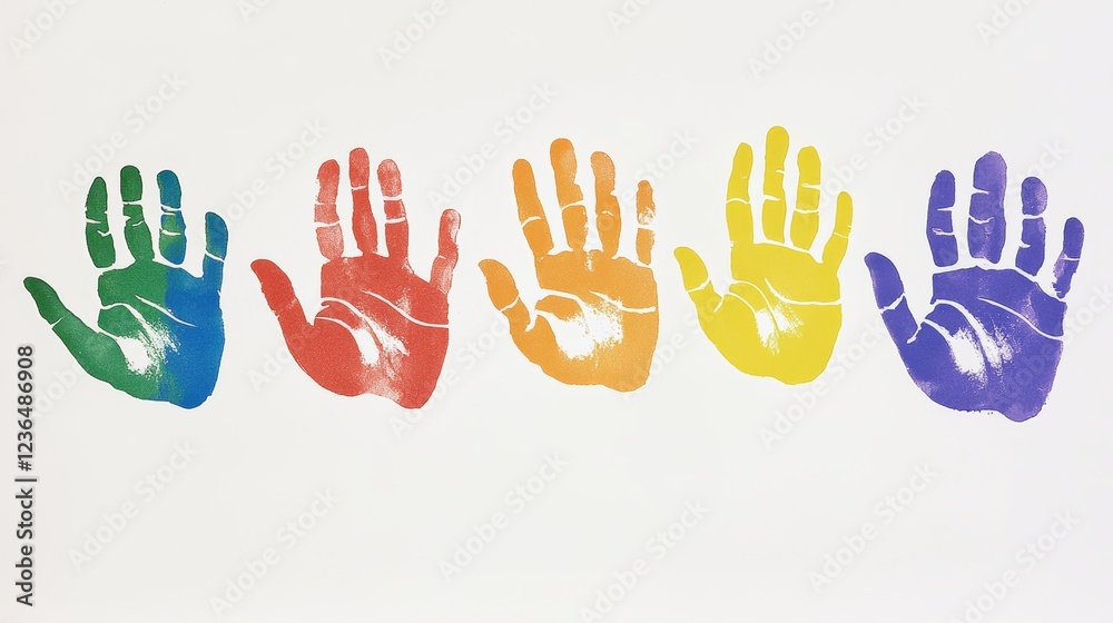 Obraz premium Set of colorful hand prints in rainbow order isolated on white background