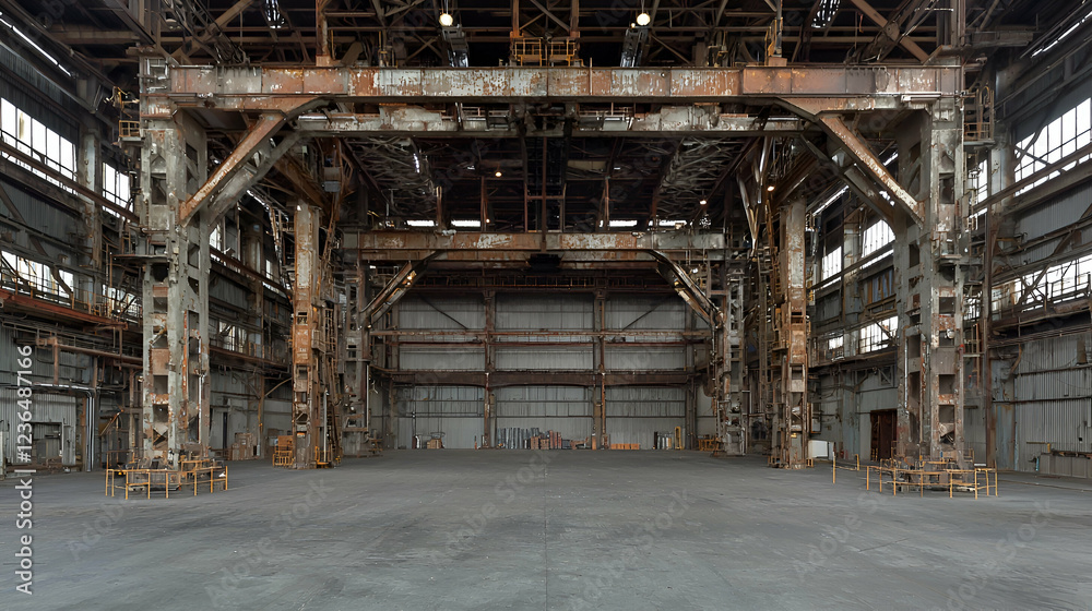 Rusty industrial warehouse interior, empty floor, large metal beams, potential event space Rusty industrial warehouse interior, empty floor, large metal beams, potential event space