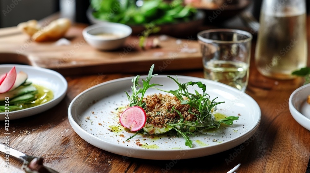 Fresh salad topped with crunchy breadcrumbs and radish served on a rustic wooden table with green ingredients in the background Fresh salad topped with crunchy breadcrumbs and radish served on a rustic wooden table with green ingredients in the background