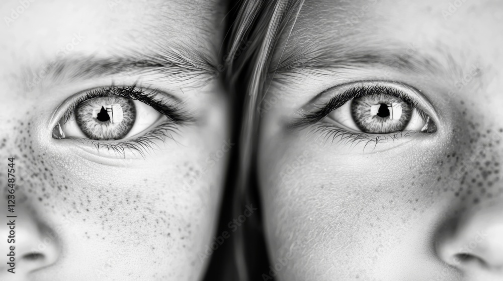 a black and white photo of a woman's face with freckles, her eyes looking directly at the viewer a black and white photo of a woman's face with freckles, her eyes looking directly at the viewer