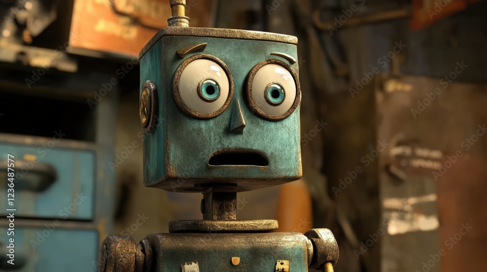 Distressed blue boxy robot with big eyes expressing shock and surprise Distressed blue boxy robot with big eyes expressing shock and surprise