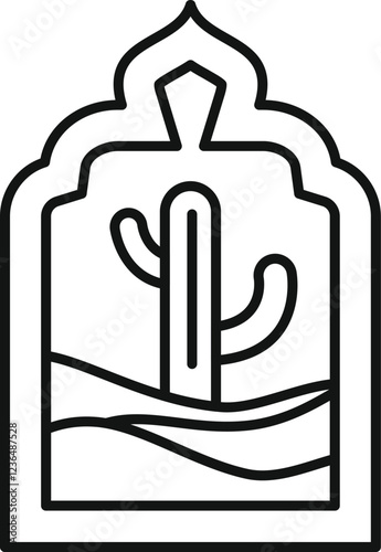 Line art illustration of a desert landscape featuring a cactus, enclosed within an ornate arabic inspired frame, symbolizing travel and culture