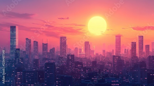 Wallpaper Mural sunset city skyline with glowing sun, urban skyline at sunset with warm hues, panoramic city skyline under sunset sky, Evening atmosphere in a big city. Torontodigital.ca