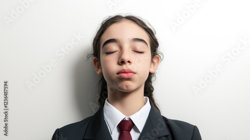 A pupil, a student of middle school. A school-aged child. ID photo of a schooler. Uniform. A girl with eyes closed. Concept of break time for students photo