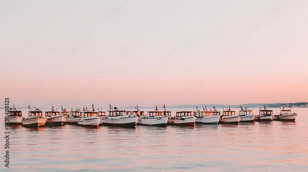 Serene sunset over a fleet of boats anchored in calm waters Serene sunset over a fleet of boats anchored in calm waters