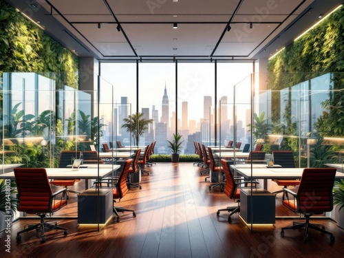 Modern Eco-Friendly Office Space with City Skyline View photo