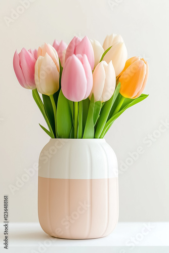 A bouquet of pastel tulips arranged in a sleek ceramic vase captures attention with its delicate colors and soft natural light, transforming any space with a touch of elegance and charm