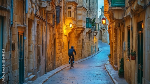 Evening Cycling Through Malta's Historic Streets: A Serene Journey Under Golden Lights