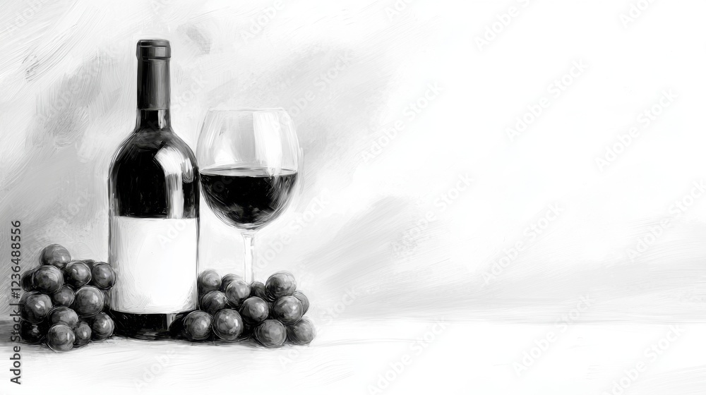 Obraz premium a black and white painting of a bottle of wine and a glass of red wine on a table The bottle is a deep red color and the glass is filled to the brim with the deep