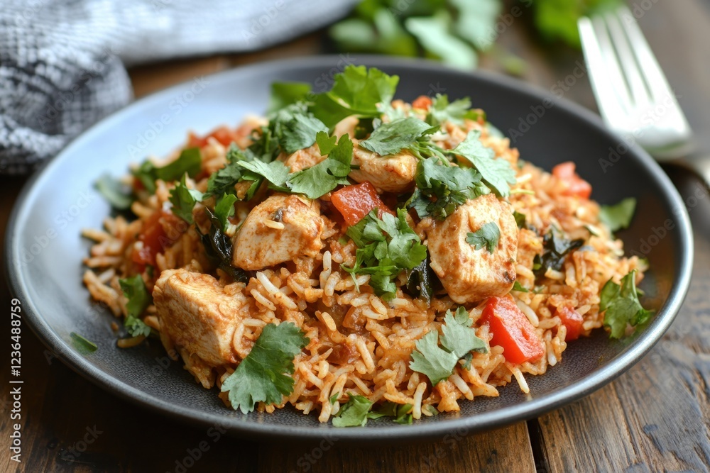 Delicious Chicken and Rice Dish Garnished with Fresh Herbs on a Rustic Wooden Table Delicious Chicken and Rice Dish Garnished with Fresh Herbs on a Rustic Wooden Table