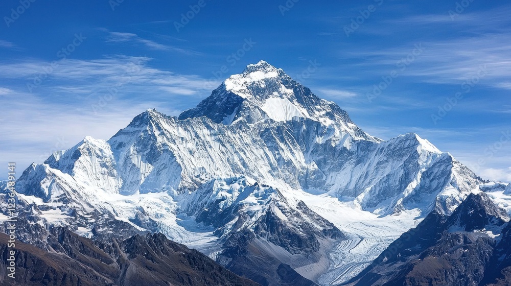 Obraz premium Majestic Snow-Capped Peak Under Clear Blue Sky in Mountain Range