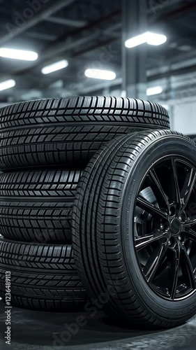 Stacks of black tires are arranged neatly in a well-lit automotive garage. The focus is on the textures and patterns, highlighting their durability and design. A space that caters to car enthusiasts.