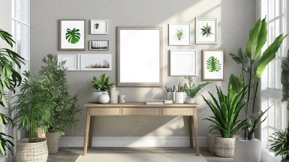 Design scandinavian interior of home office space with a lot of mock up photo frames wooden desk a lot of plants mirror office and personal accessories Stylish neutral home staging Template Design scandinavian interior of home office space with a lot of mock up photo frames wooden desk a lot of plants mirror office and personal accessories Stylish neutral home staging Template