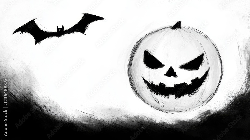 a black and white drawing of a jack-o'-lantern with a bat flying around it, set against a white background a black and white drawing of a jack-o'-lantern with a bat flying around it, set against a white background