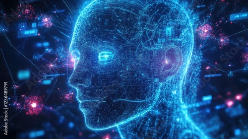 Digital head, network data, future tech, abstract background, AI concept