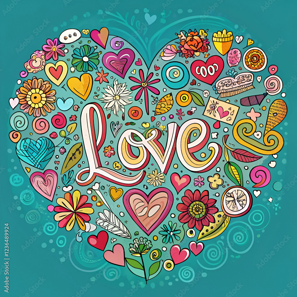 Naklejka premium Colorful Doodle Heart with Love and Romantic Elements