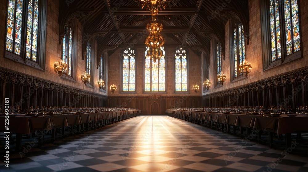 Fototapeta premium Grand Hall with Stained Glass Windows and Elegant Chandeliers