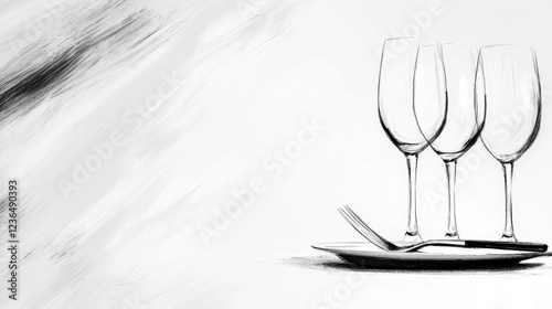  a black and white drawing of three wine glasses on a plate with a knife and fork The glasses are drawn in detail, with the plate and knife arranged in a symmetrica photo