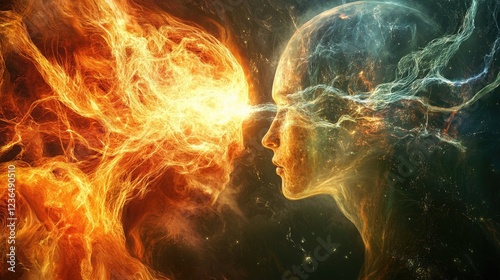 Fire and ice entities face off; cosmic background; spiritual duality concept; ideal for fantasy, spirituality, and energy themes