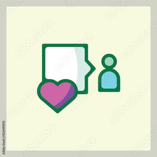 A stylized graphic of a person with a speech bubble and a heart icon symbolizing love