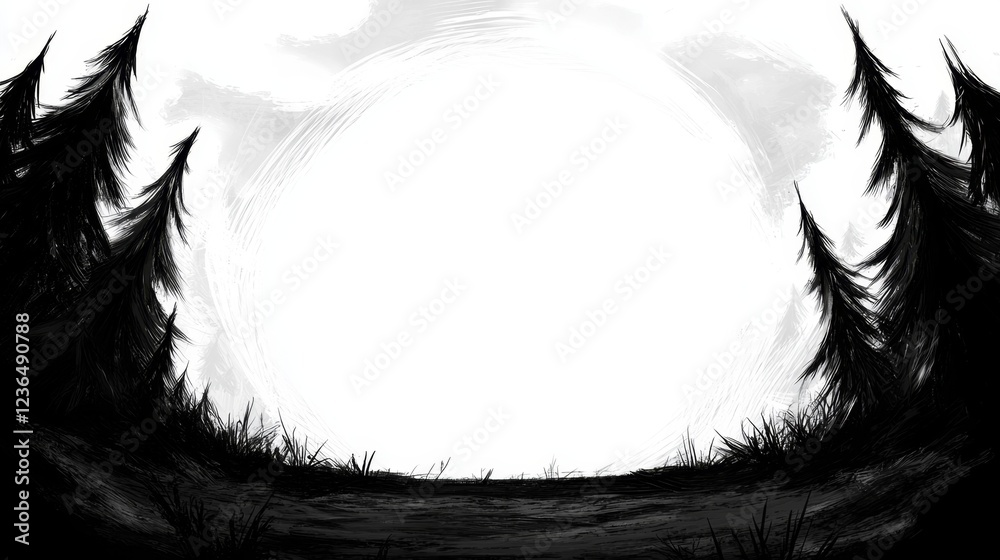 Fototapeta premium a black and white painting of a forest with a full moon in the background, surrounded by trees and grass