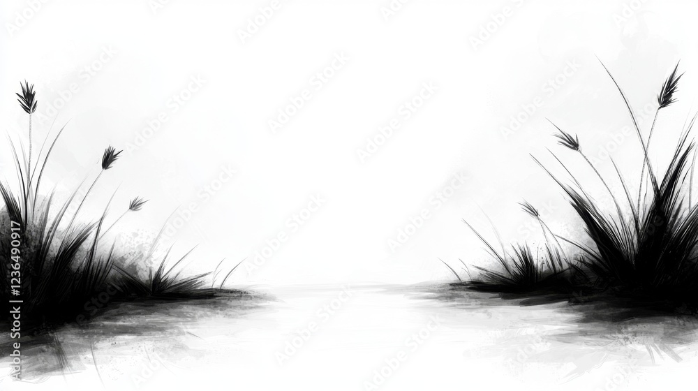 Fototapeta premium a black and white painting of reeds in the water, with a white background The reeds are depicted in a realistic style, with intricate details and shading that give