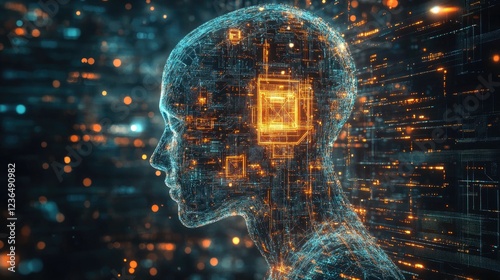 AI head, digital brain, data stream background, technology concept, website banner
