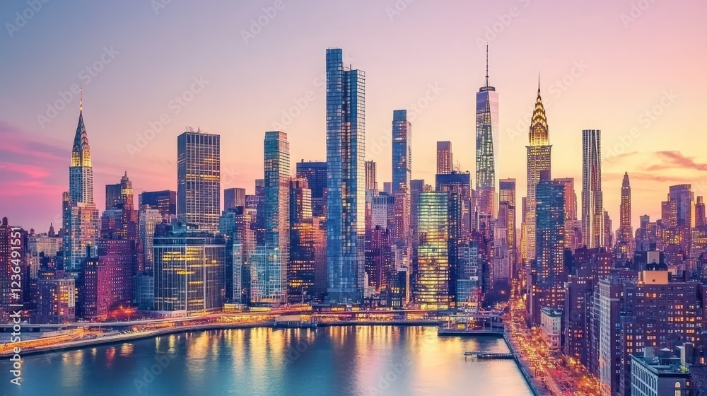 Fototapeta premium Spectacular Sunset over the Manhattan Skyline