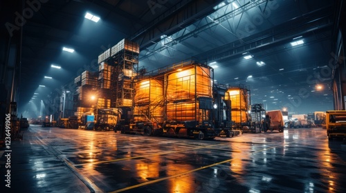 Night Warehouse Scene: Illuminated Cargo Containers and Industrial Machinery in a Large Warehouse