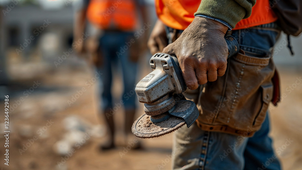 Construction worker holding grinder. Dusty hands, work site. Industrial tool, building project. Construction worker holding grinder. Dusty hands, work site. Industrial tool, building project.