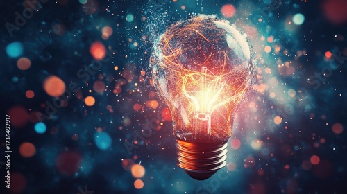 Glowing lightbulb idea, innovation concept, energy sparks, dark background, website banner
