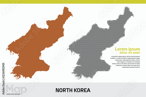 A map of North Korea in dual designs, featuring brown solid details and black abstract dotted patterns, isolated on a white background
