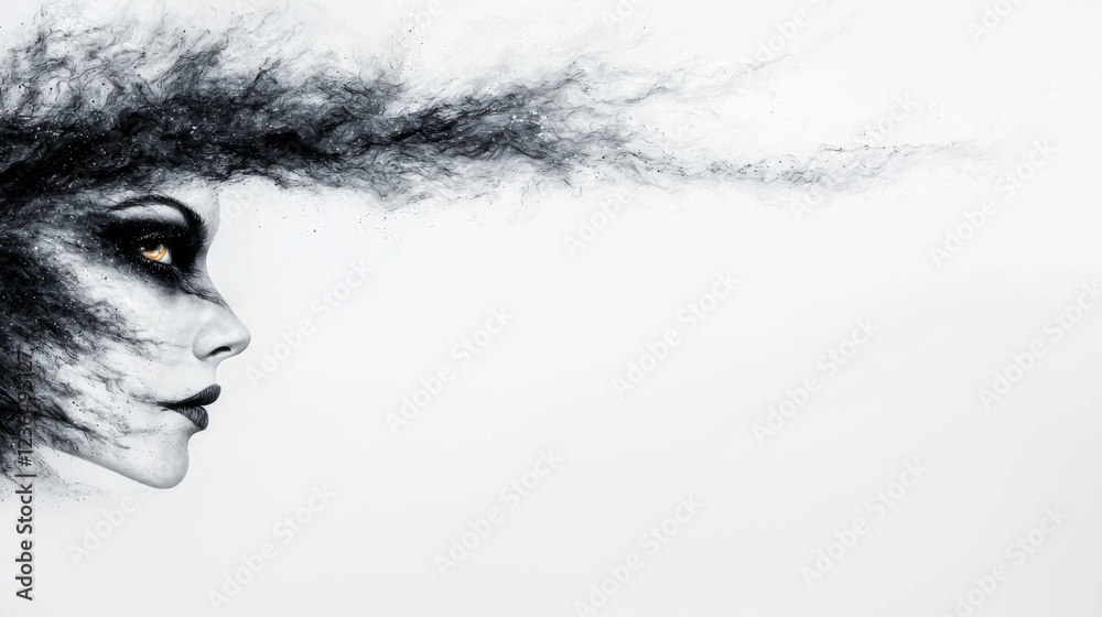 Fototapeta premium a woman with black hair blowing in the wind against a white background Her face is the focus of the image, with the white background providing a stark contrast to