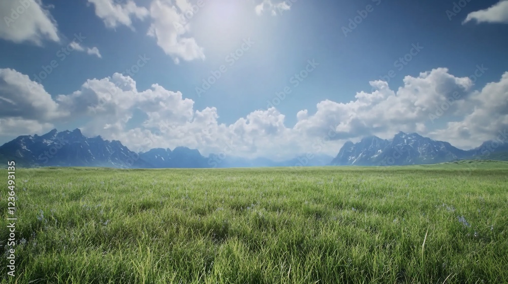 Fototapeta premium Vast grassland with distant mountains under a bright cloudy sky creating a serene landscape
