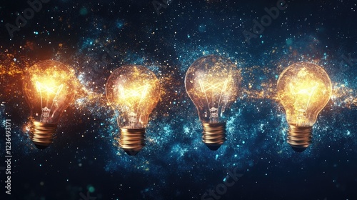 Glowing lightbulbs ignite ideas, cosmic backdrop.  Business innovation concept