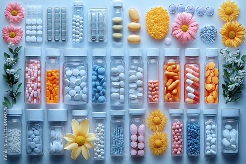 Colorful arrangement of various pills and capsules in clear bottles on a pastel background