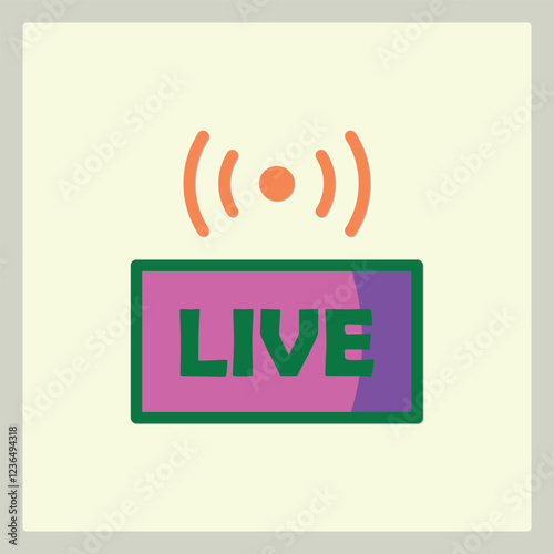 Live broadcast icon with signal waves and purple box green letters on white background